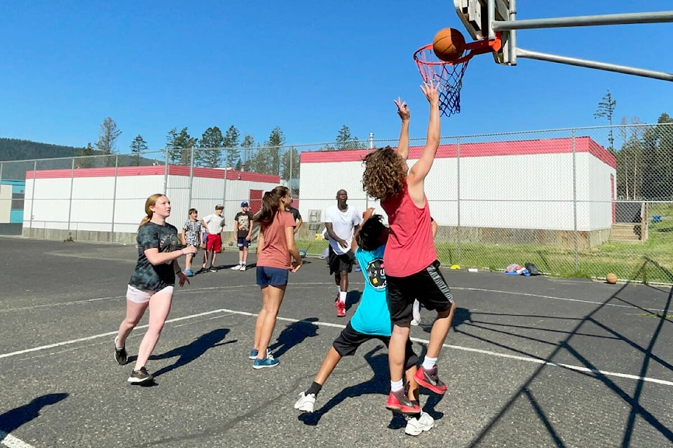 Young basketball players were putting skills to work after doing morning drills at an impromptu basketball camp in Williams Lake. (Ruth Lloyd photo - Williams Lake Tribune)