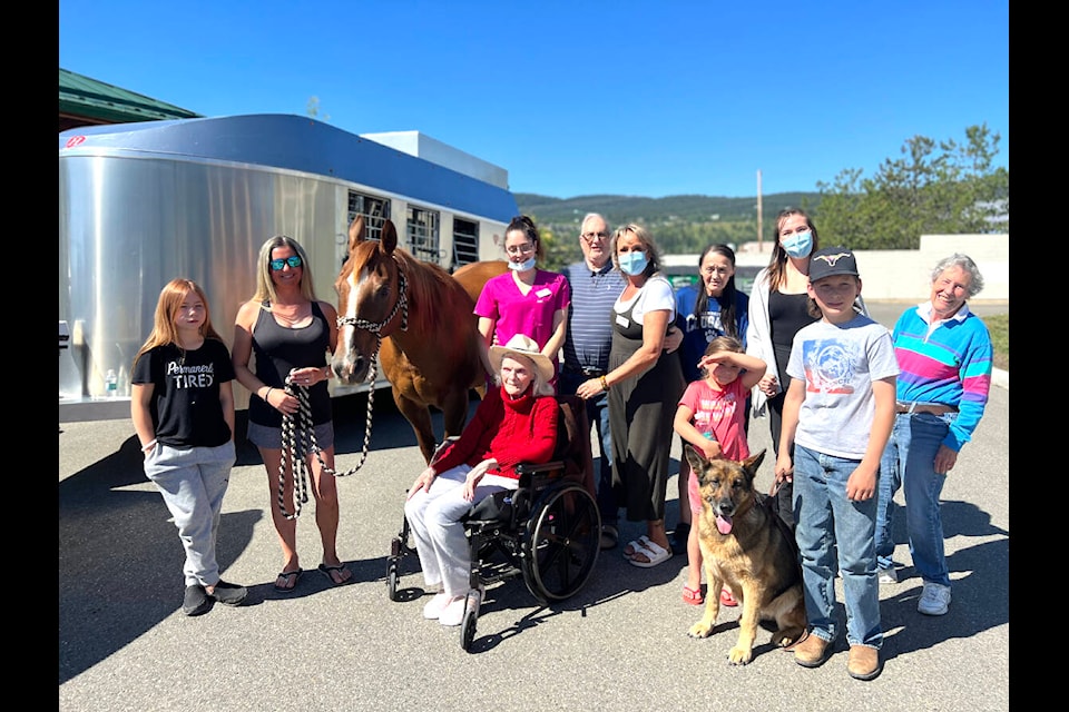 Residents and staff at Age Care (formerly Cariboo Place) in Williams Lake enjoy a visit from Rayell Peterson and her family and their horse. The visit was intended to keep the residents connected to their past rural lifestyles. (Angie Mindus photo - Williams Lake Tribune)
