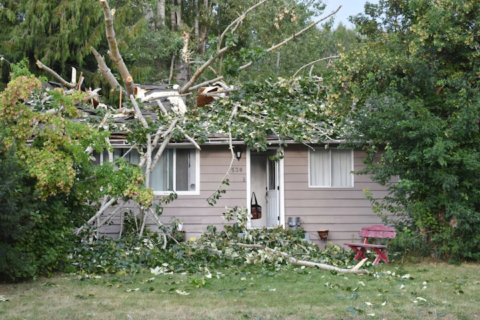 A Quesnel home sustained substantial damage after a tree fell Tuesday, Aug. 23. (Rebecca Dyok photo — Quesnel Observer)