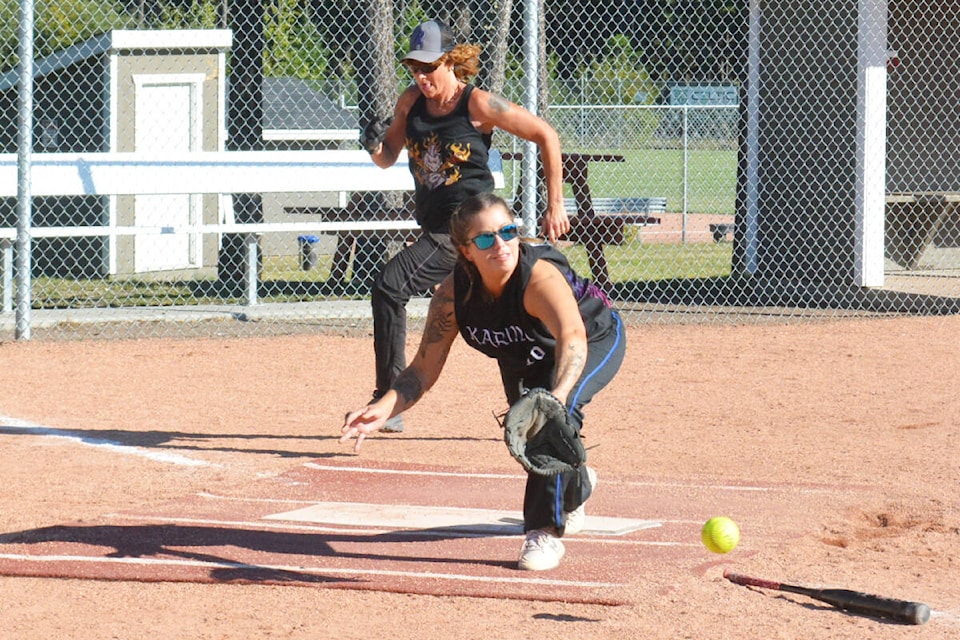 Rowdy Chix pitcher Linda Barbondy-Rich heads toward a successful run to home during the championship game against Karma from Prince George Sunday, Sept. 18 at the Kings and Queens tournament. (Monica Lamb-Yorski photo - Williams Lake Tribune)