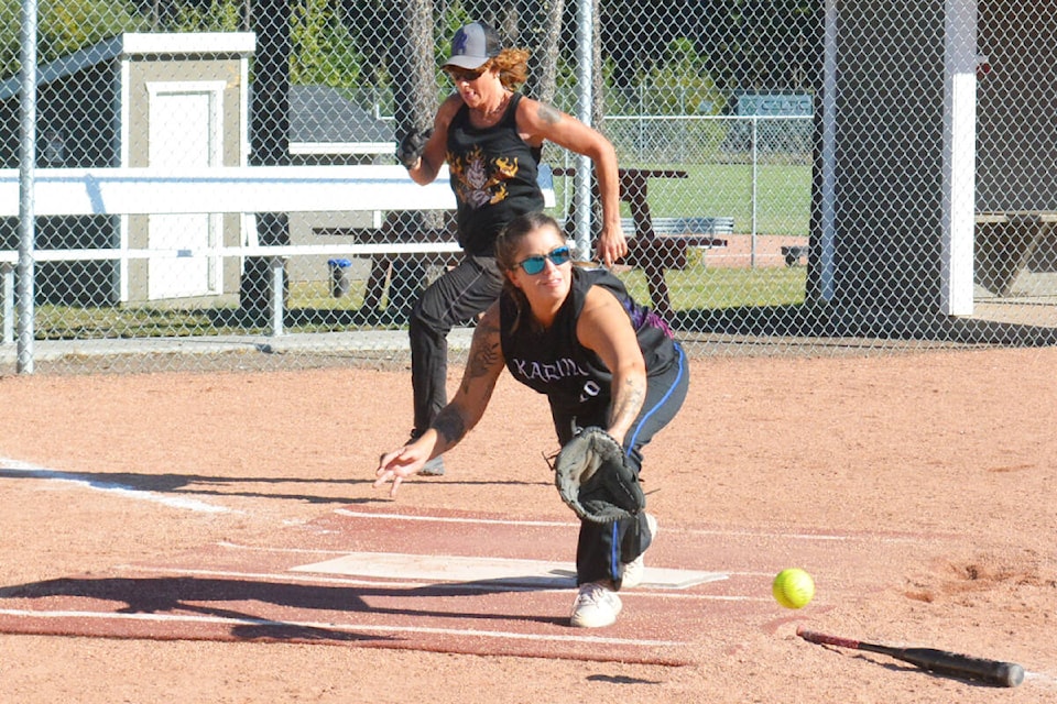 Rowdy Chix pitcher Linda Barbondy-Rich heads toward a successful run to home during the championship game against Karma from Prince George Sunday, Sept. 18 at the Kings and Queens tournament. (Monica Lamb-Yorski photo - Efteen)