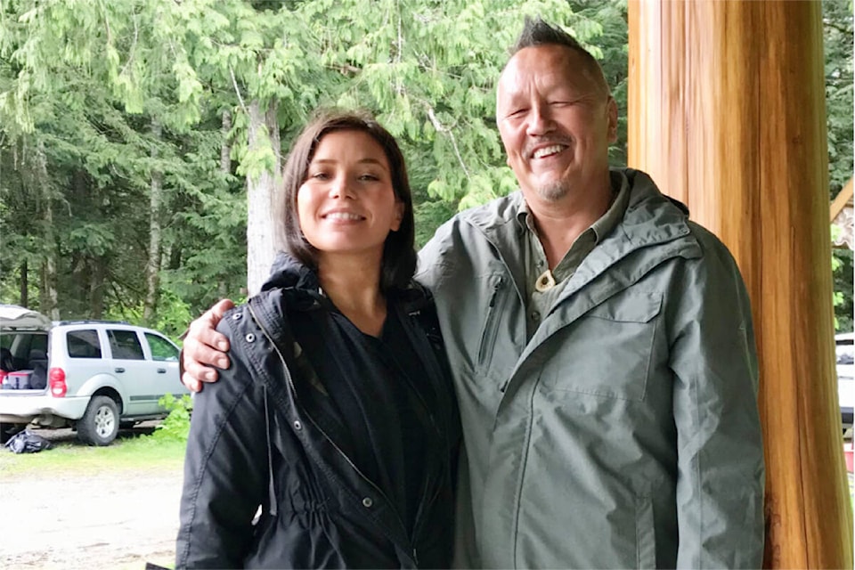 Banchi Hanuse, on left, Season 6: Episode 5 and 6 of Moosemeat & Marmalade director, stands with Art Napoleon, producer and host of the show, during filming in Bella Coola, Nuxalkulmc. (Olivia Vanderwal, photo).