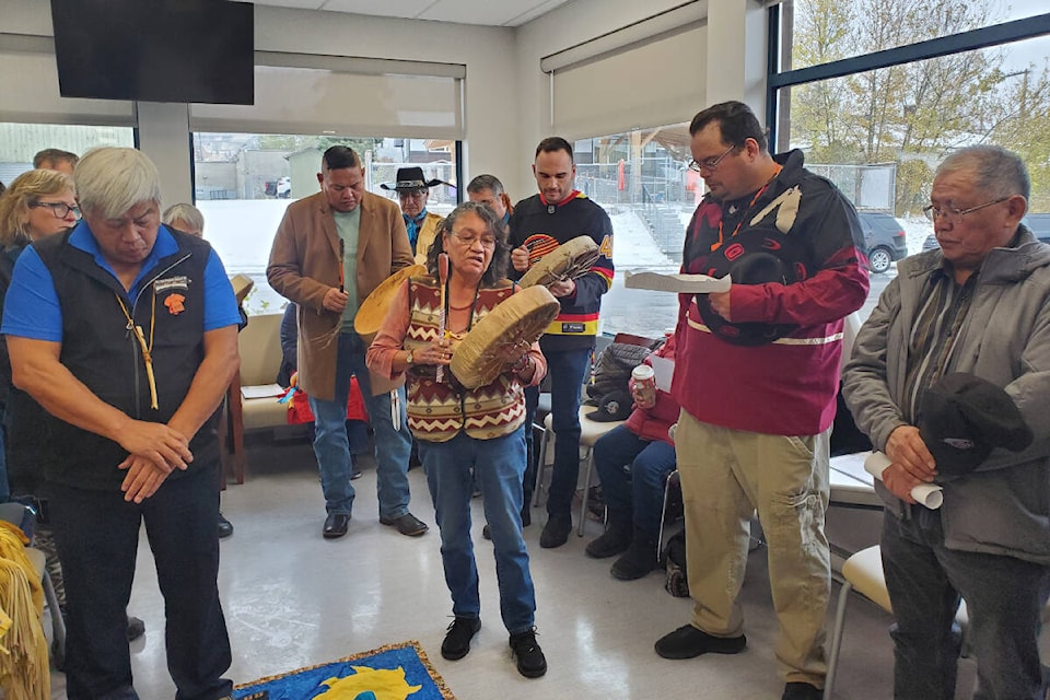 Williams Lake First Nation elder Virginia Gilbert leads an opening prayer and song. (Monica Lamb-Yorski photo - Williams Lake Tribune)