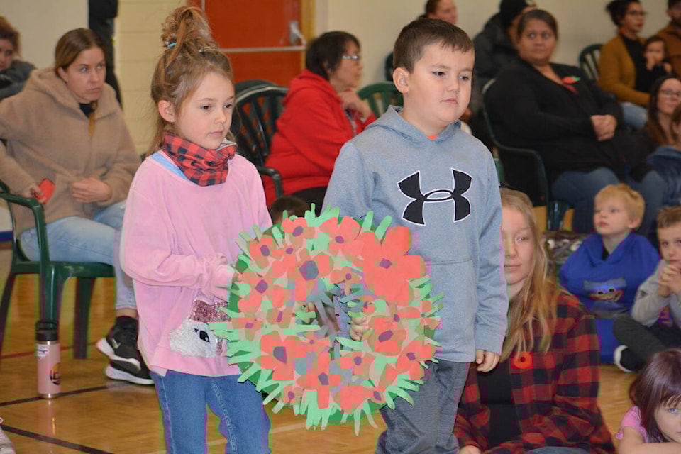 Cataline Elementary School in Williams Lake marked Indigenous Veterans Day and Remembrance Day with a school assembly Nov. 10. (Monica Lamb-Yorski photo - Efteen)
