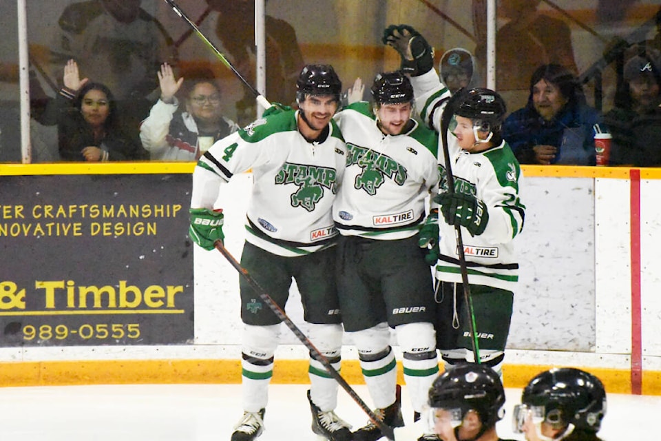 The Stamps celebrate a goal against the Rampage.