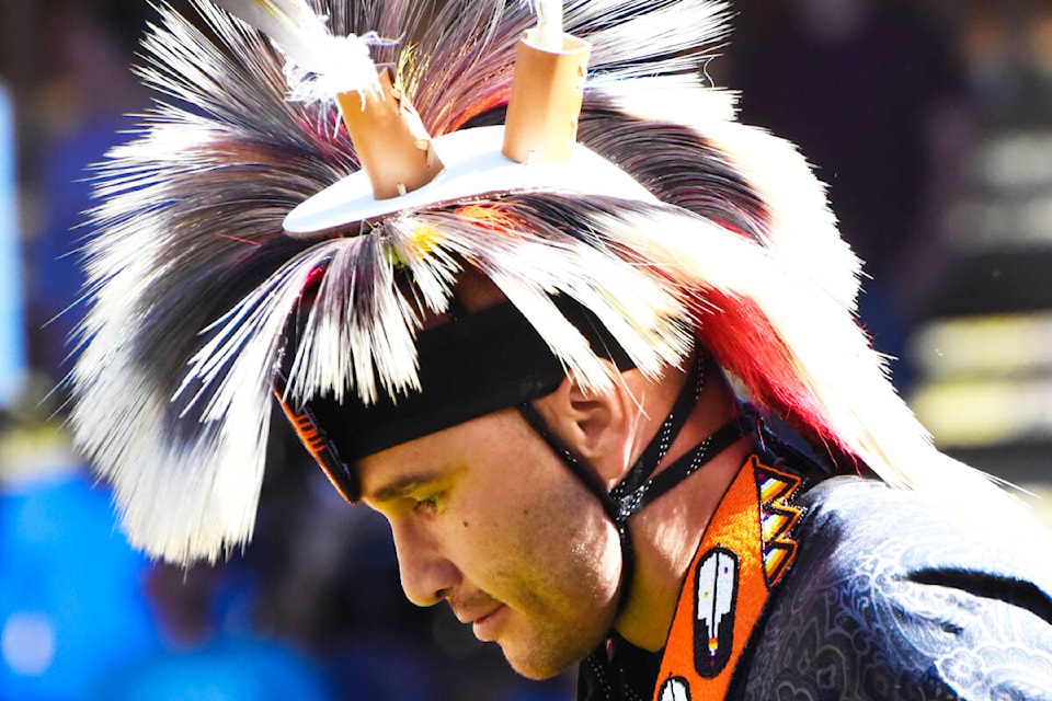 Williams Lake First Nation Chief Willie Sellars competes for the first time ever at his community’s 1st annual Speaking Our Truth Competition Pow Wow Sept. 9-11. The event honoured the lives lost at the nearby residential school, St. Joseph’s Mission. (Angie Mindus photo - Williams Lake Tribune)