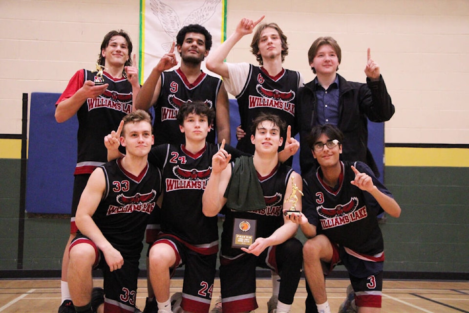 The LCSS Falcons celebrate their victory over the PSO Eagles at the Eagles’ home tournament Saturday. (Patrick Davies photo - 100 Mile Free Press)