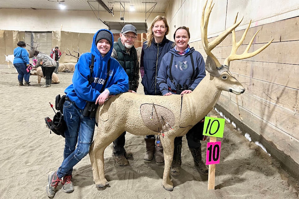 Lily Fraser, from left, Al Campsall, Maria McKee, and Cara Fraser competed in an archery shoot in Quesnel. (Alora Fraser photo)