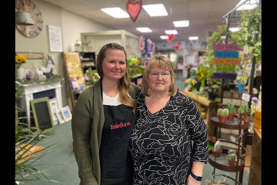 Tammy French (R), the owner of Lo’s Florist in Williams Lake, with her daughter Michelle Weir, who runs the shop with her. Feb. 15, 2023. (Kim Kimberlin Photo)