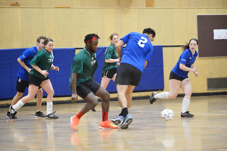 The Dragan Slayers versus Bromeos and Juliet’s in Saturday afternoon game during the 2023 Sweetheart Tournament held at Columneetza Secondary School Family Day weekend. (Monica Lamb-Yorski photo - Williams Lake Tribune)