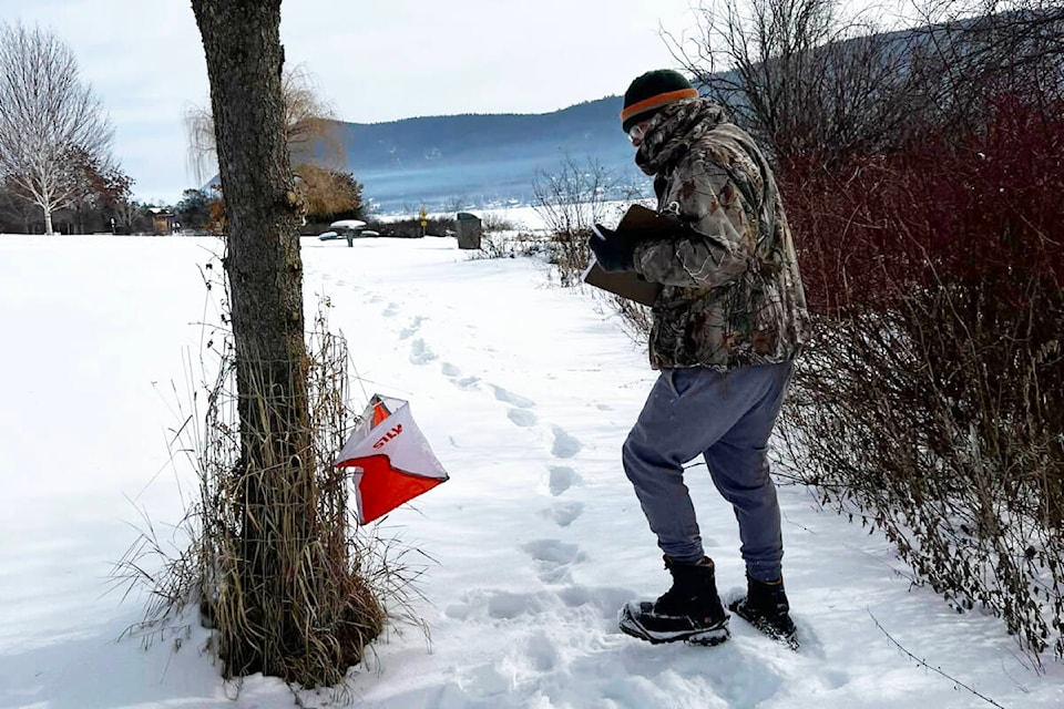 Ken Duffy stops at one of the orienteering checkpoints along the route during an event put on by the Cariboo Chilcotin Orienteering Club. (Sharon Duffy photo)