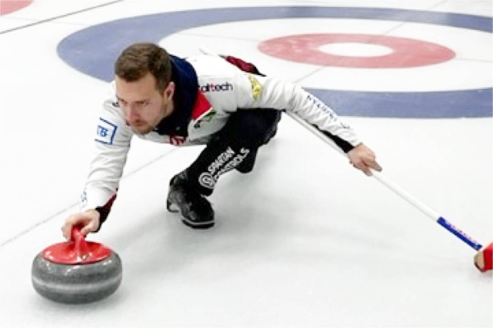 Brendan Bottcher, skip of Team Canada, who works for Spartan Controls Ltd., throws a rock during a bonspiel in Williams Lake. (Photo submitted)