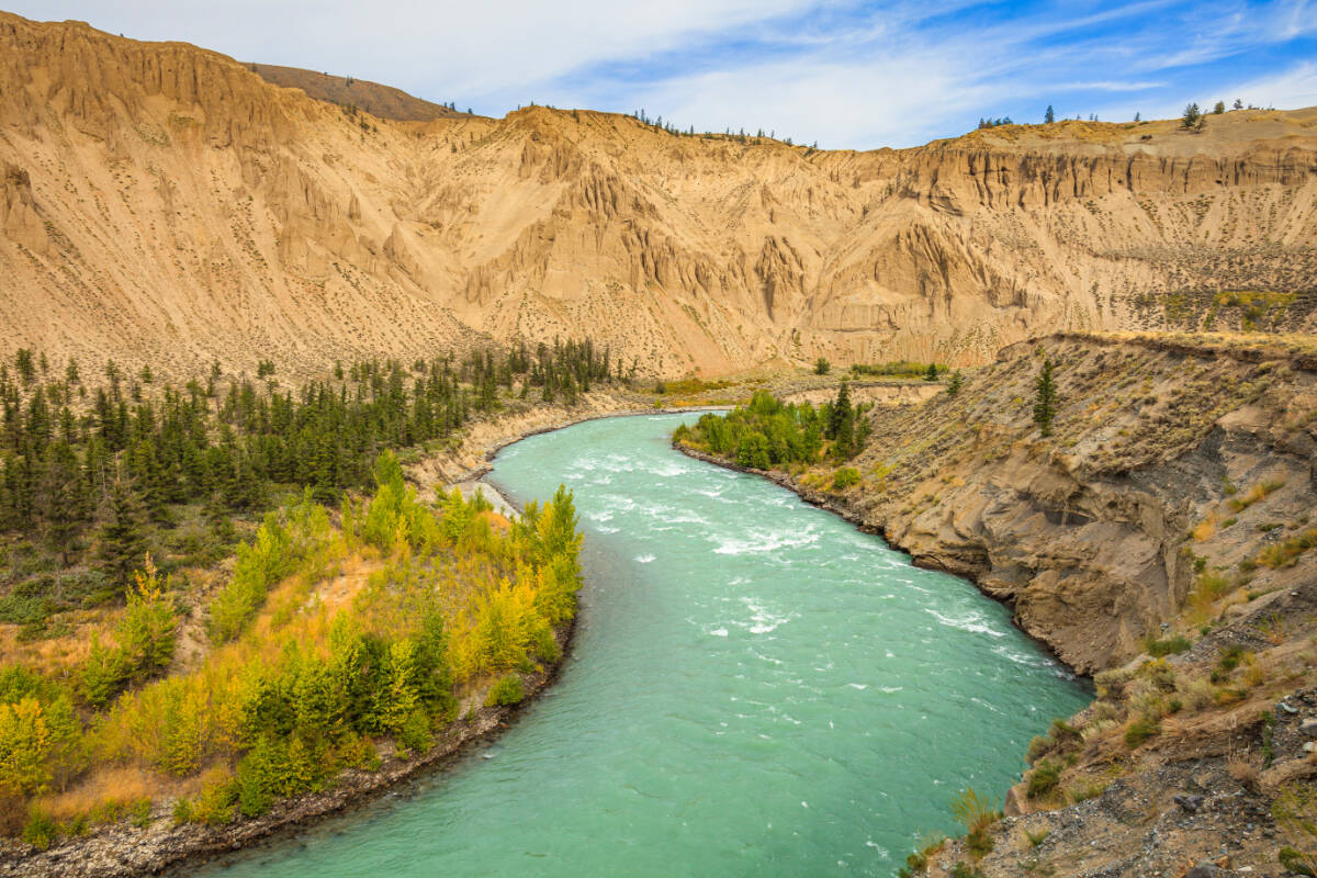 The Chilcotin River flows through the massive sand dunes in Farwell Canyon, a favourite hiking destination for locals in the Cariboo.