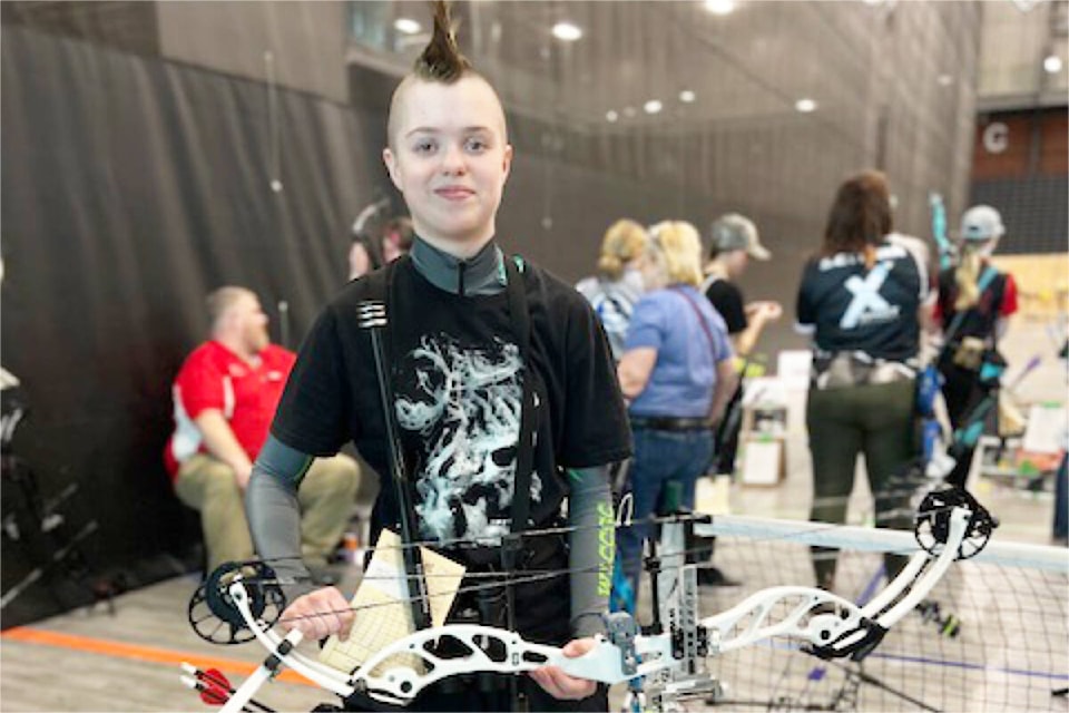 Lily Fraser and her compound bow set up she used in the Canadian National 3D Indoor Championships. (Cara Fraser photo)
