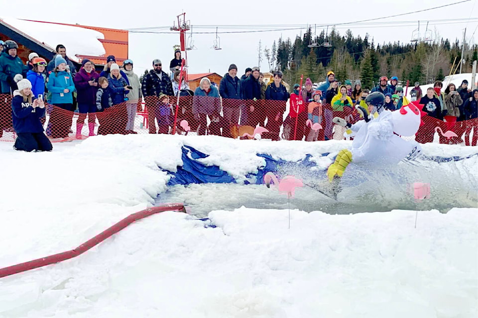 Connor Szatmari of Kamloops made a splash with his costume at the Mt. Timothy Recreation Resort Slush Cup where competitors tried to ski across the pool of water. (Ruth Lloyd photo - Efteen)