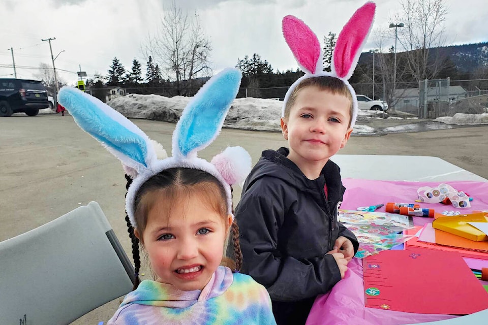 Dakota Handley, 4, and her cousin Logan Handley, 5, enjoy the art activity during Williams Lake First Nation’s Easter celebration held Sunday, April 2 in the Cataline Elementary School parking lot, play area and Thompson Rivers University grounds. (Monica Lamb-Yorski photo - Efteen)
