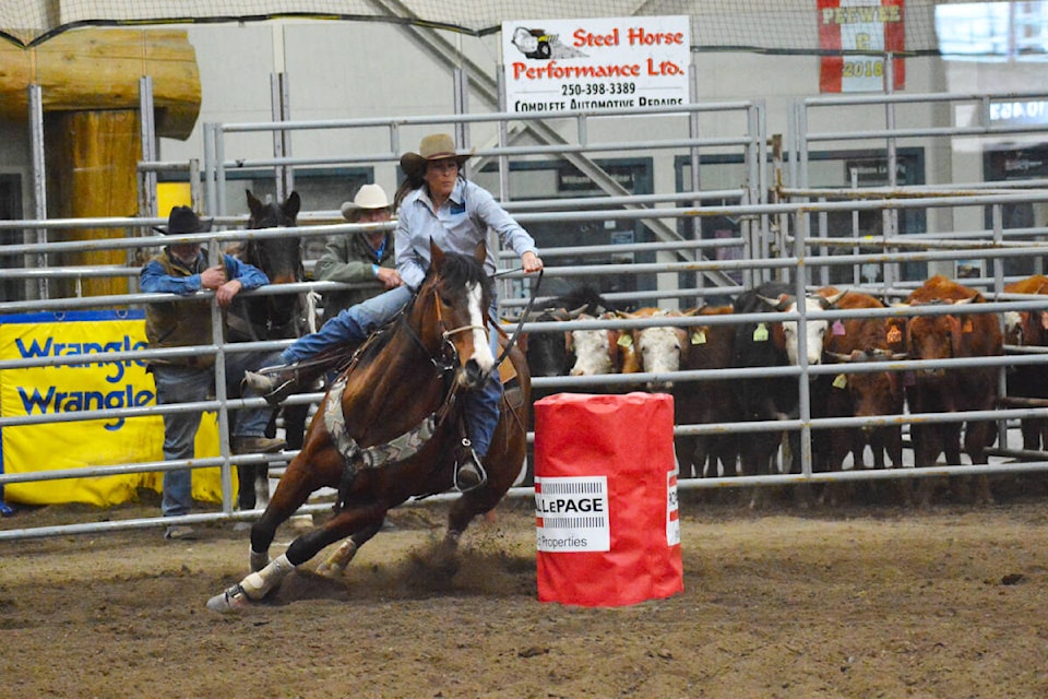 Brady McNolty of 150 Mile House competes in Open Barrell Friday at the Indoor Spring Classic Rodeo. (Monica Lamb-Yorski photo)