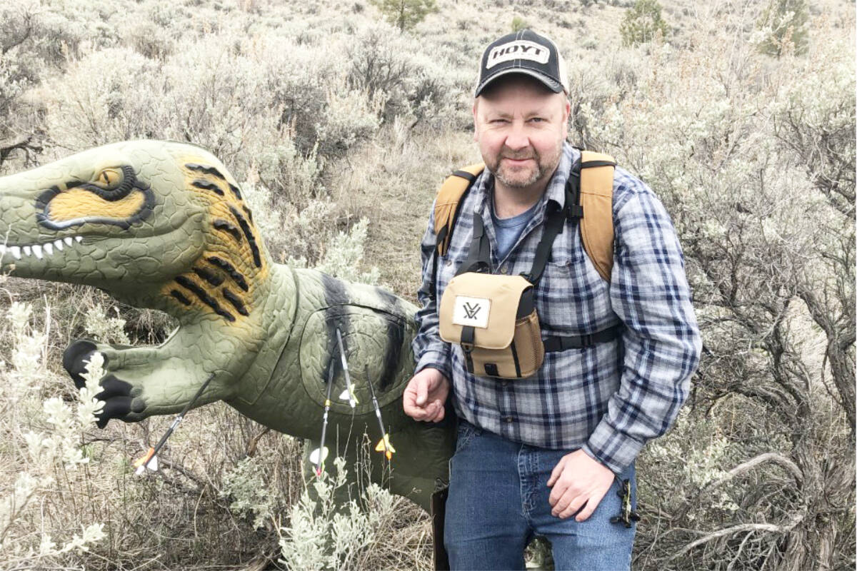 Matt Watts in front of one of the 3D targets he was taking aim at during competition in Kamloops on April 15 and 16. (Photo submitted)