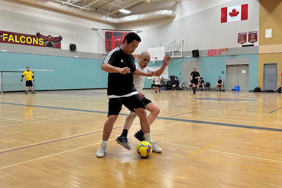 Gerardo Cibrian on the ball during the Men’s Indoor Soccer League playoffs. (Photo submitted)