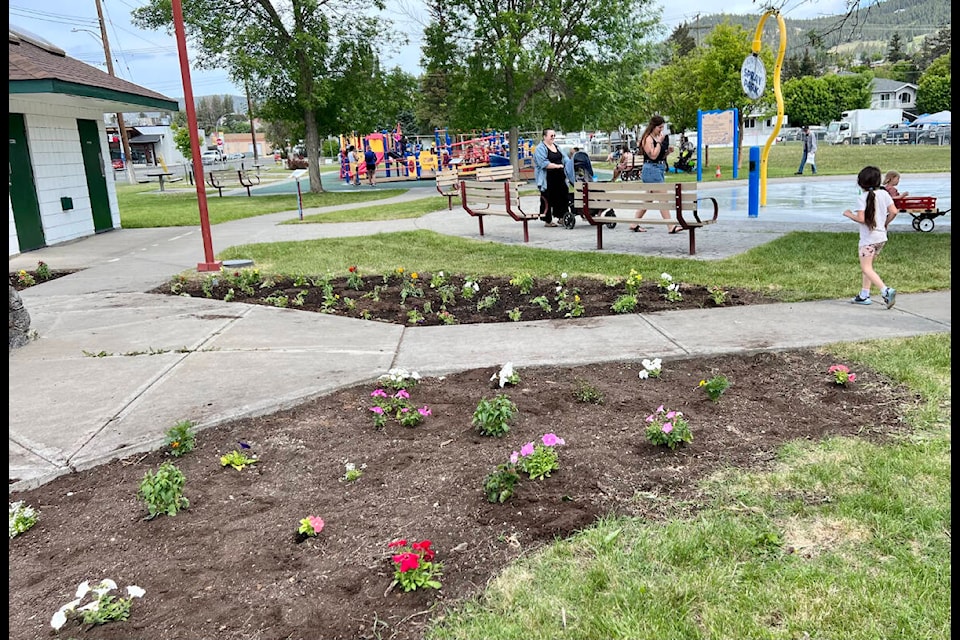 Students from Cataline Elementary School committed an act of kindness for the community last week by planting flowers in the park. (Angie Mindus photo - Williams Lake Tribune)