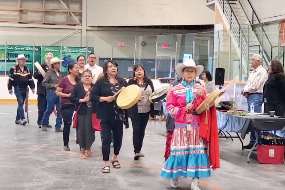 Tl’esqox First Nation elder Joan Gentles leads the opening procession for the 2.5 Indigenous Court Anniversary held Friday, June 2 at the Cariboo Memorial Recreation Complex. (Monica Lamb-Yorski photo - Williams Lake Tribune)