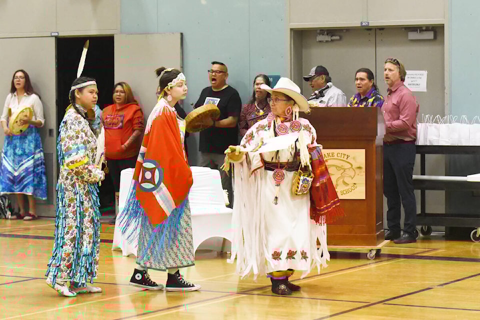 Dancers were drummed in as the ceremony to crown the 2023 Indigenous Role Models for School District 27 got underway. (Ruth Lloyd photo - Efteen)