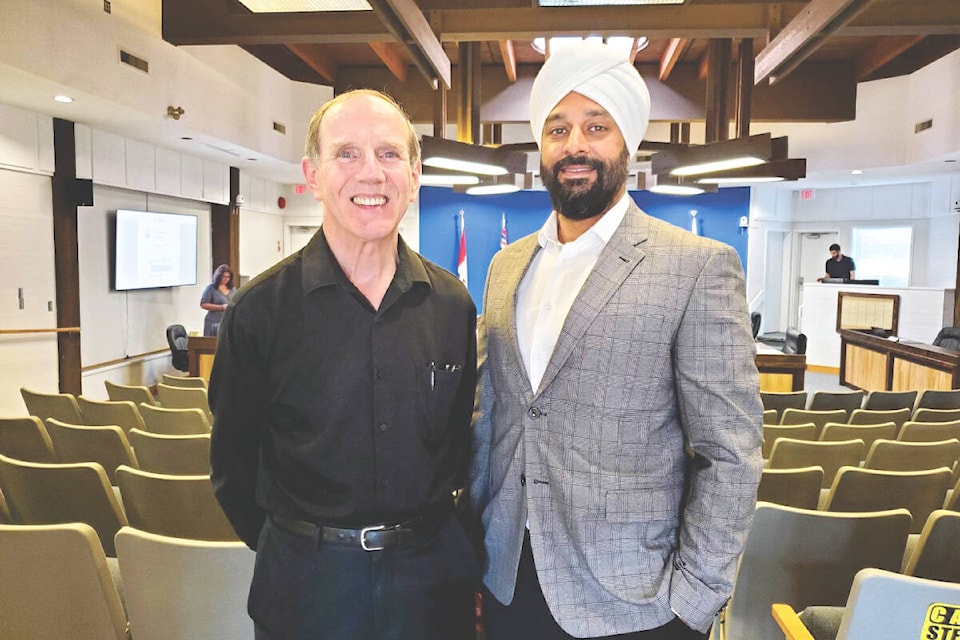 Massive Canada chief executive officer Gaeten Royer, left, and chief investment officer Deep Sandhu at Williams Lake city hall Tuesday, June 6, before Royer gave a presentation to council about the company’s proposal for the Jackpine site in Williams Lake. (Monica Lamb-Yorski photo - Williams Lake Tribune)