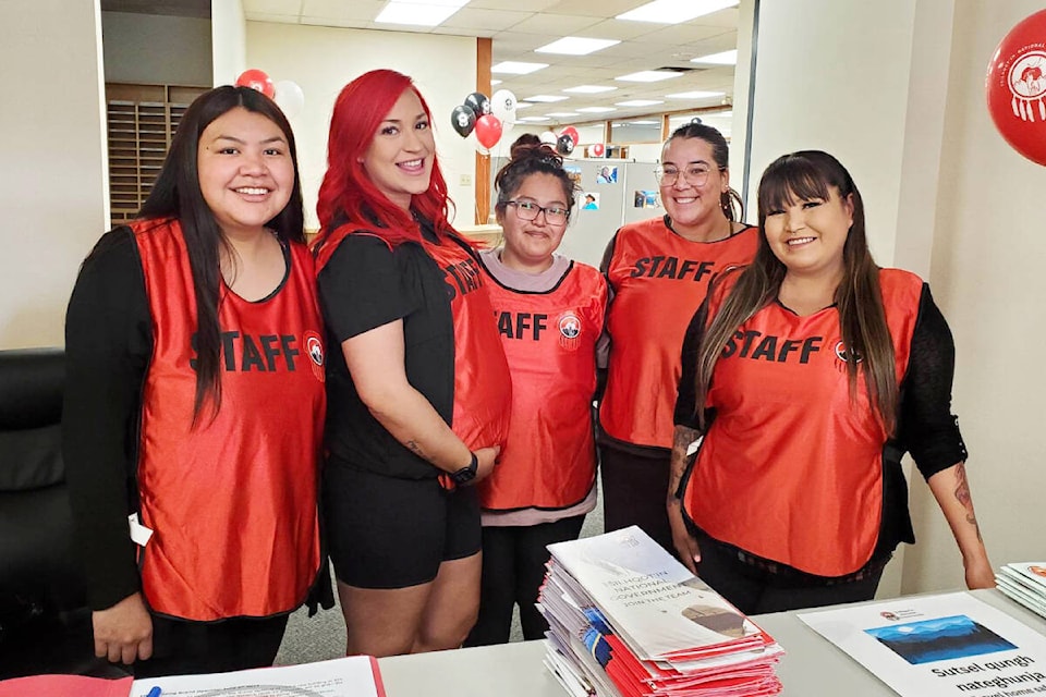 Tsilhqot’in National Government staff members Charlotte West, from left, Mercedes Myers, Amy Hunlin, Tanisleigh Evans and Cheryl Guichon greet visitors at the newly renovated building, formerly owned by Tolko in Williams Lake. (Monica Lamb-Yorski photo - Efteen)