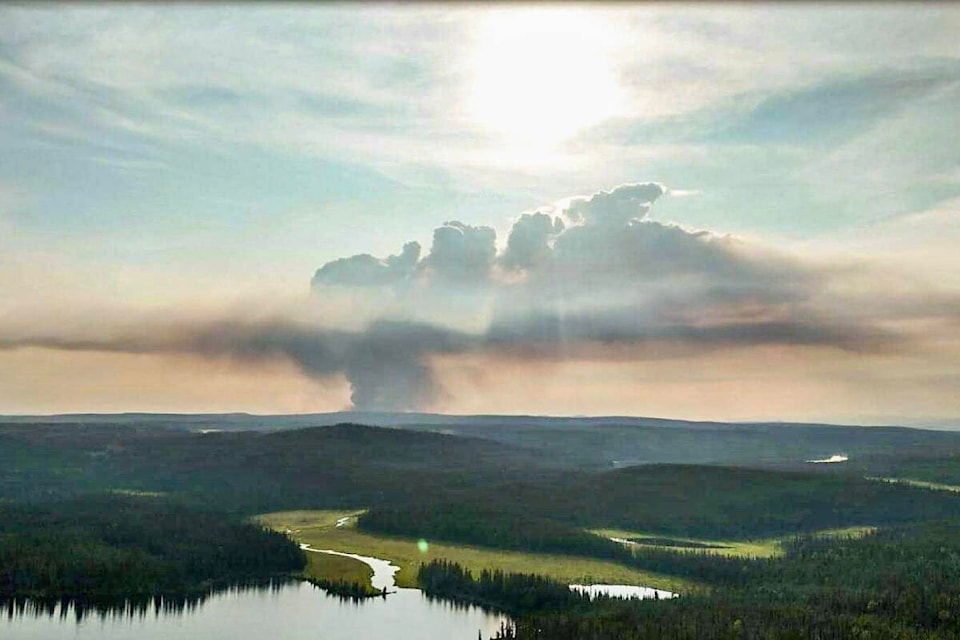 Smoke from the Gatcho Complex Fire seen from 10 km west Sunday, July 9. (Jennifer Toland, Eliguk Lake Lodge photo)