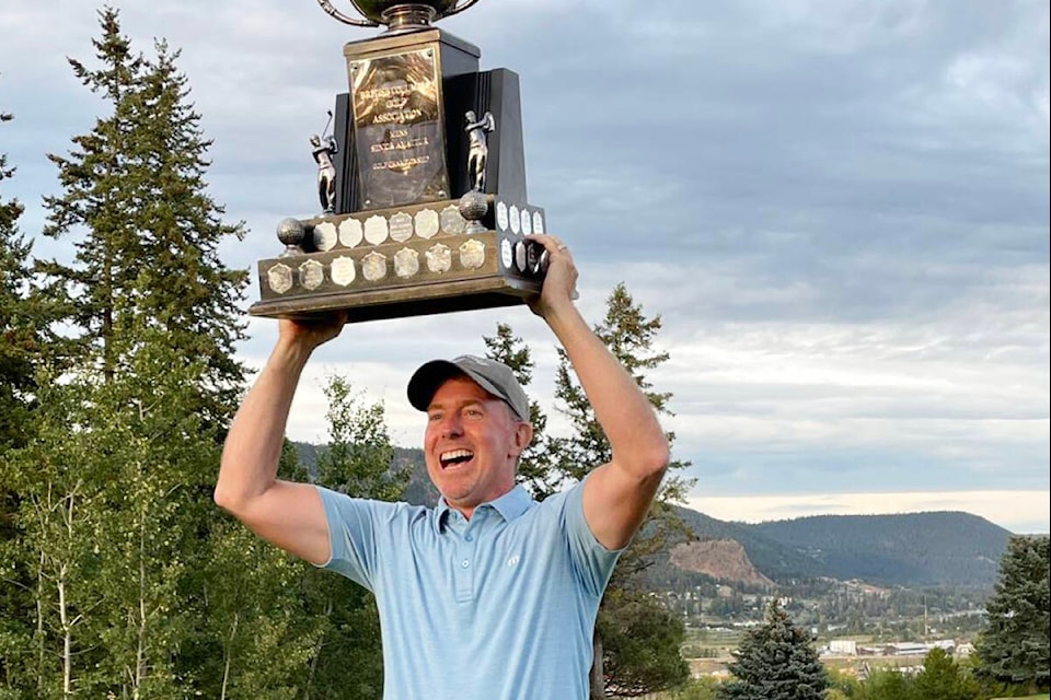 Andrew Pinette celebrates his 2023 BC Provincial Seniors Men’s Golf Championship win in Williams Lake July 27. Pinette grew up playing golf in Williams Lake, which he said gave him an advantage. (Williams Lake Golf and Tennis Club photo)