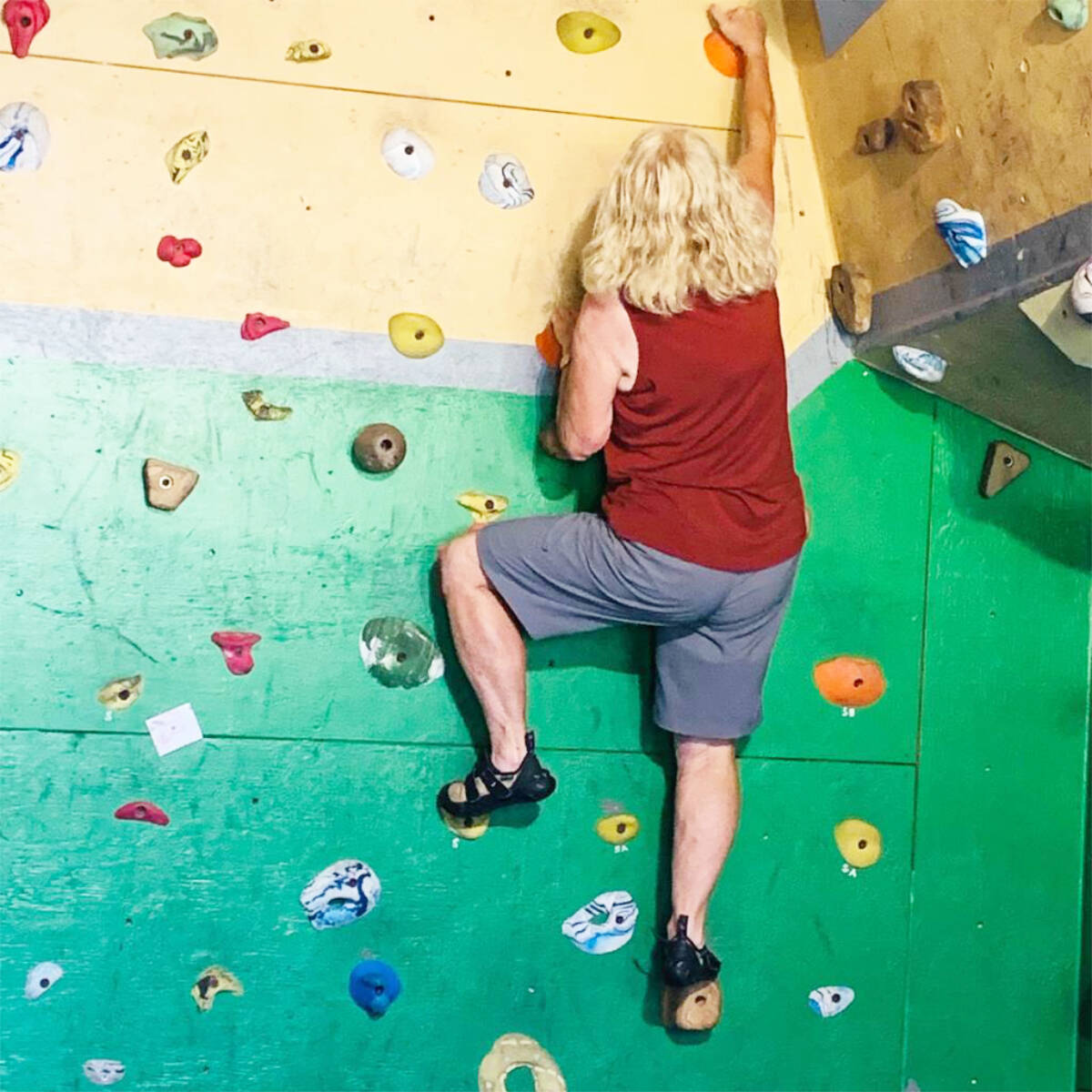 Anna Hughes gives the bouldering cabin a go during Grandparent Camp at Gavin Lake July 11-13, 2023. (Photo Submitted)