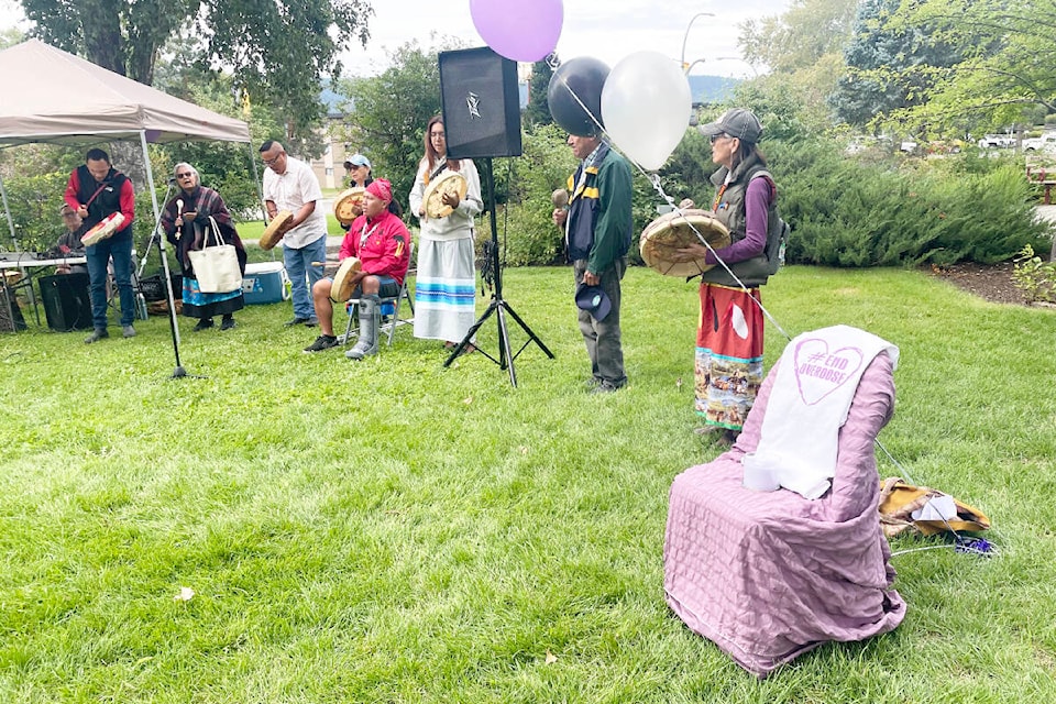 Williams Lake First Nations singers and drummers sang the Honour Song for attendees and participants to start things off at the Overdose Awareness Day events in Boitanio Park Aug. 31. (Ruth Lloyd photo - Williams Lake Tribune)