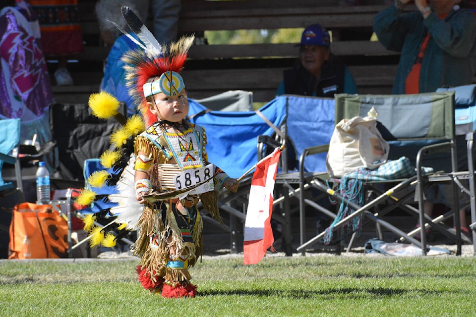 Akio Pierro of Bonaparte First Nation participates in the Grand Entry of The Speaking our Truth Competition Pow Wow Sunday, Sept. 10. (Monica Lamb-Yorski photo - Efteen)
