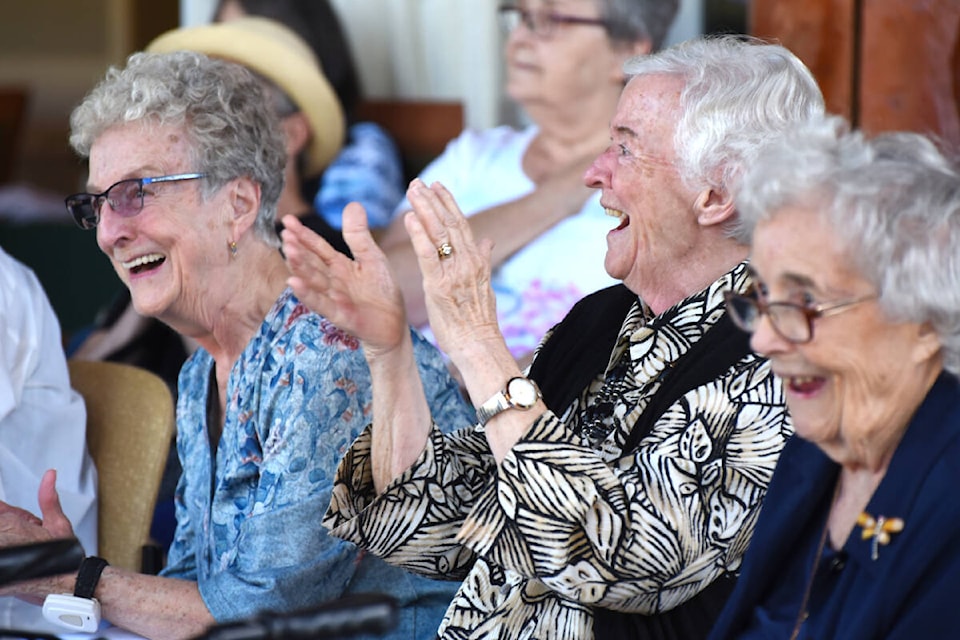 Williams Lake Seniors Village residents Barbara Brown, Heidi Muller and Verna Dennis have a good laugh and lots of fun while taking part in a sing-a-long prior to the Silver Fox Run event Friday, Sept. 15. (Angie Mindus photo - Efteen)