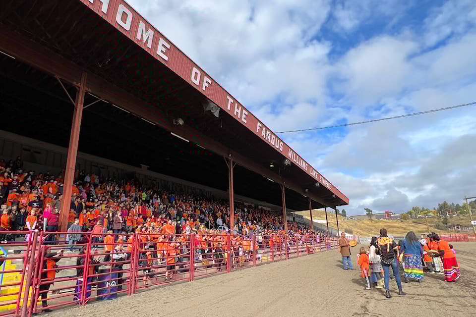 Kindergarten students from Little Chiefs Daycare sing a song for Williams Lake students at the Stampede Grounds Thursday, Sept. 28. (Angie Mindus photo - Williams Lake Tribune)