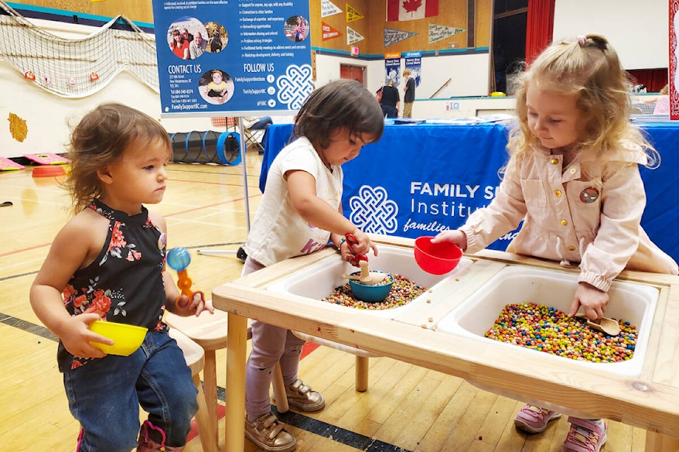 Lucy, left, Alma and Genesis enjoy an activity at the 3 Year Old Round Up held Saturday, Sept. 23 in Marie Sharpe Elementary School gym. (Monica Lamb-Yorski photo - Efteen)