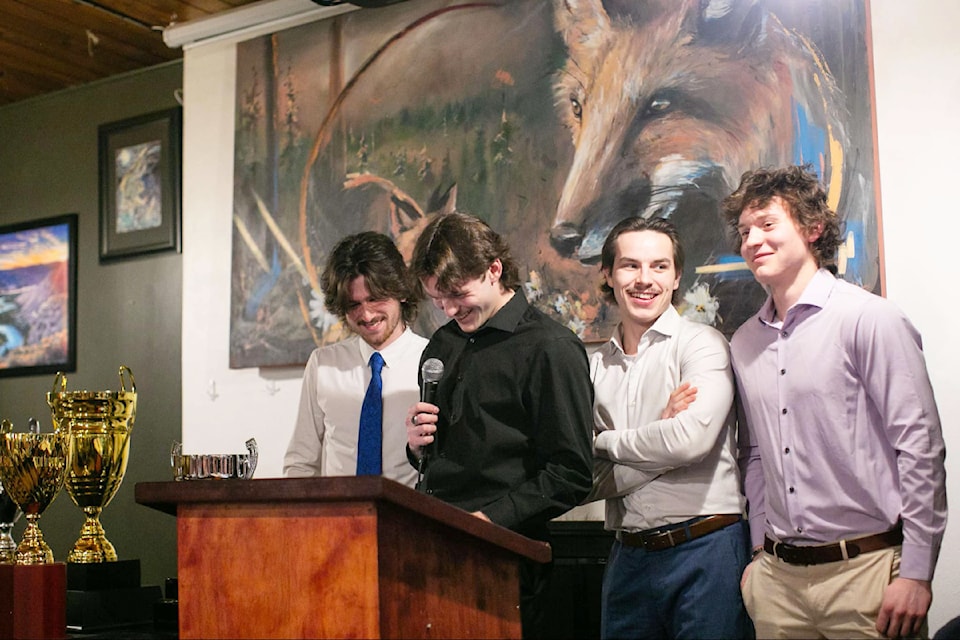 Mustangs Declan Pocock, Jacob Shtaif, Matthew Keylor and  JP Desabrais give a leadership speech during the team's regular season end banquet Tuesday, Feb. 25. 