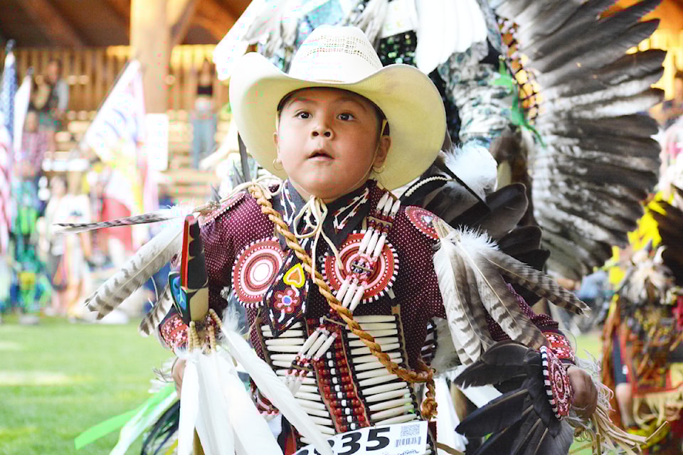 A junior boy dances with confidence at the 2024 Speaking Our Truth Competition Pow Wow at the Chief Will-Yum Pow Wow Arbour. 