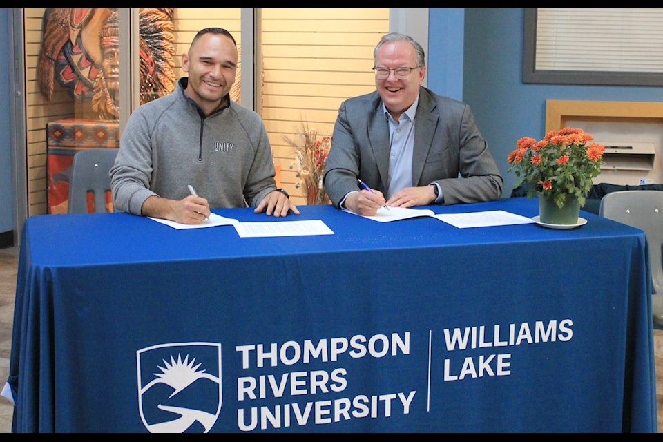Williams Lake First Nation Chief Willie Sellars and TRU President Brett Fairbairn signed an agreement on Sept. 9 to formalize years of collaboration between the university and WLFN. 