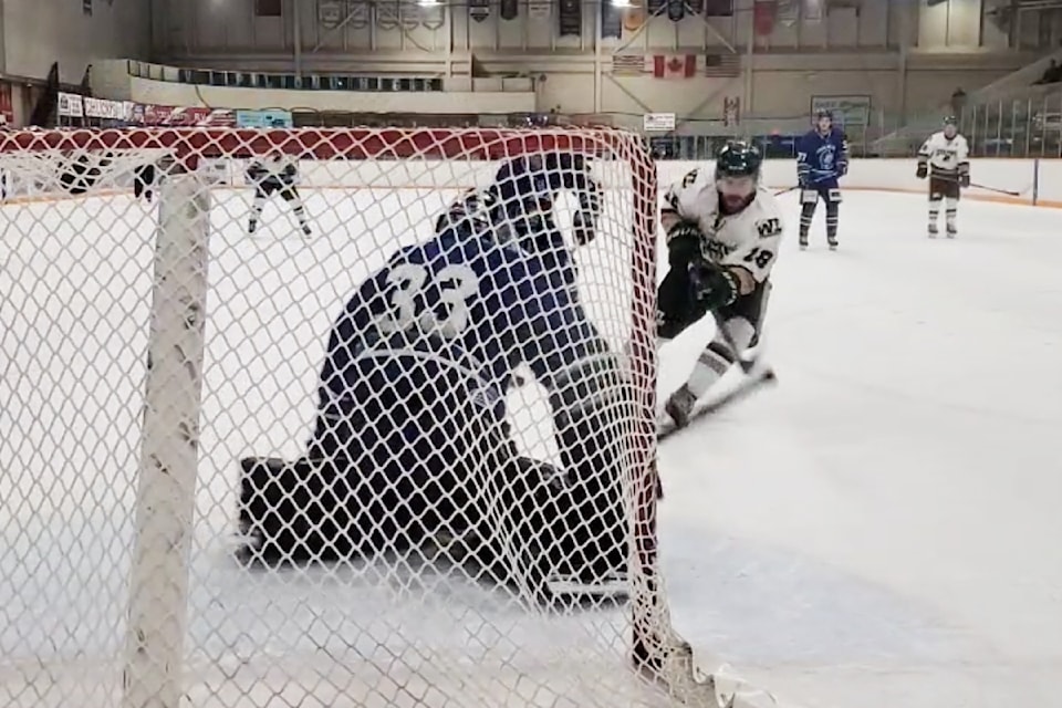 Stamps Chad Wilde comes in for a shot on the Smithers goal Sunday, Jan. 5, 2025, at the Cariboo Memorial Recreation Complex. 