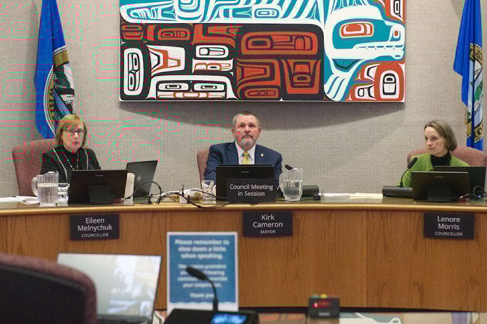 From left to right: Coun. Eileen Melnychuk, Mayor Kirk Cameron and Coun. Lenore Morris at the Dec. 9, 2024 Whitehorse city council meeting where the capital expenditures budget was introduced. 