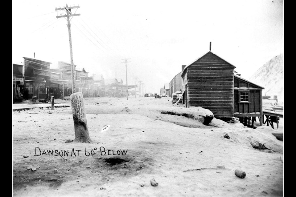 At 60 Below, even Perry Davis Pain Killer  froze in the bottle. Wise people did not stray far from a warm fire. With only four hours of daylight in December,  candles and kerosene  provided illumination, and the mail from Whitehorse might not arrive until it warmed up. (Gates Collection)