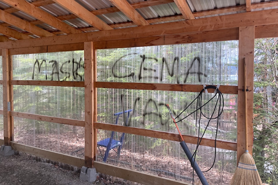 A Yukon Liberal Party minister's home was spray painted with messages like this and more, according to photos put out by the Yukon premier's office on May 12, 2024.