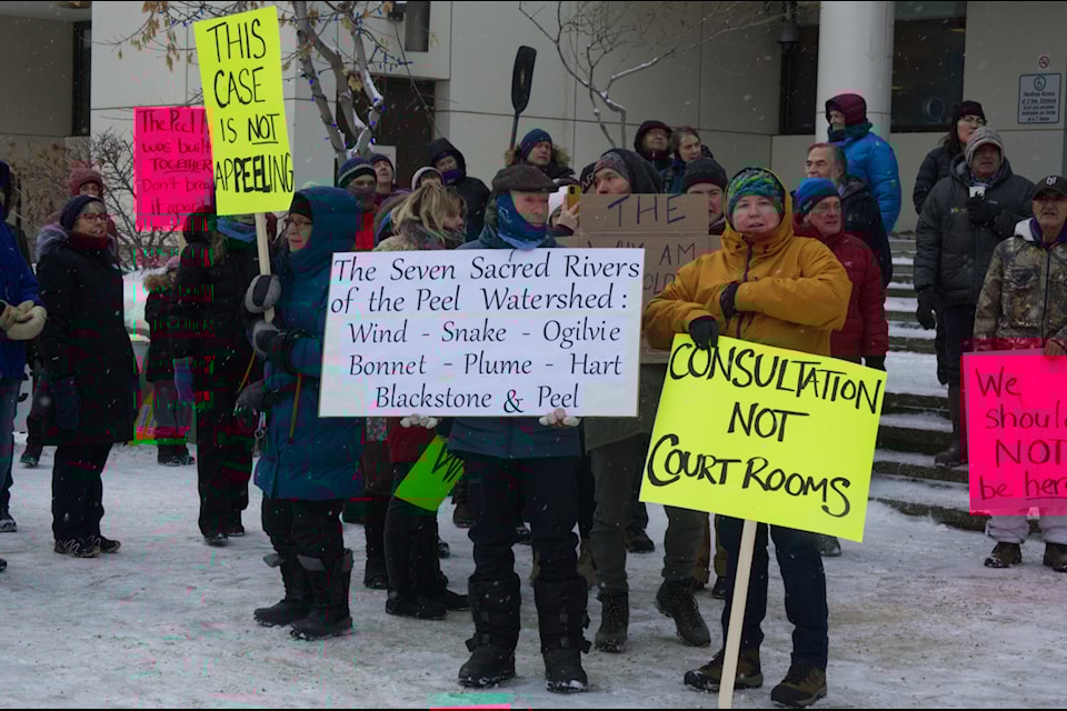 Demonstrators gathered outside the Yukon Supreme Court in Whitehorse on Nov 27, voicing frustrations over the Yukon's challenge to the board's recommendations for the Peel Watershed Regional Land Use Plan. (Jake Howarth/Yukon News)