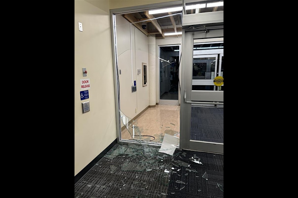 An image of the door and window broken by a black bear at Yukon University before it was killed by conservation officers on the evening of Sept. 26. (Courtesy/Department of Environment)