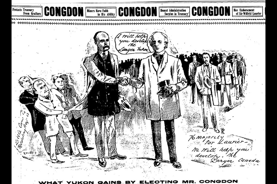 This illustration in the Yukon World depicts Frederick Congdon shaking hands with re-elected Prime Minister Wilfred Laurier, implying that he is well connected with the newly elected government in Ottawa. (The Yukon World)