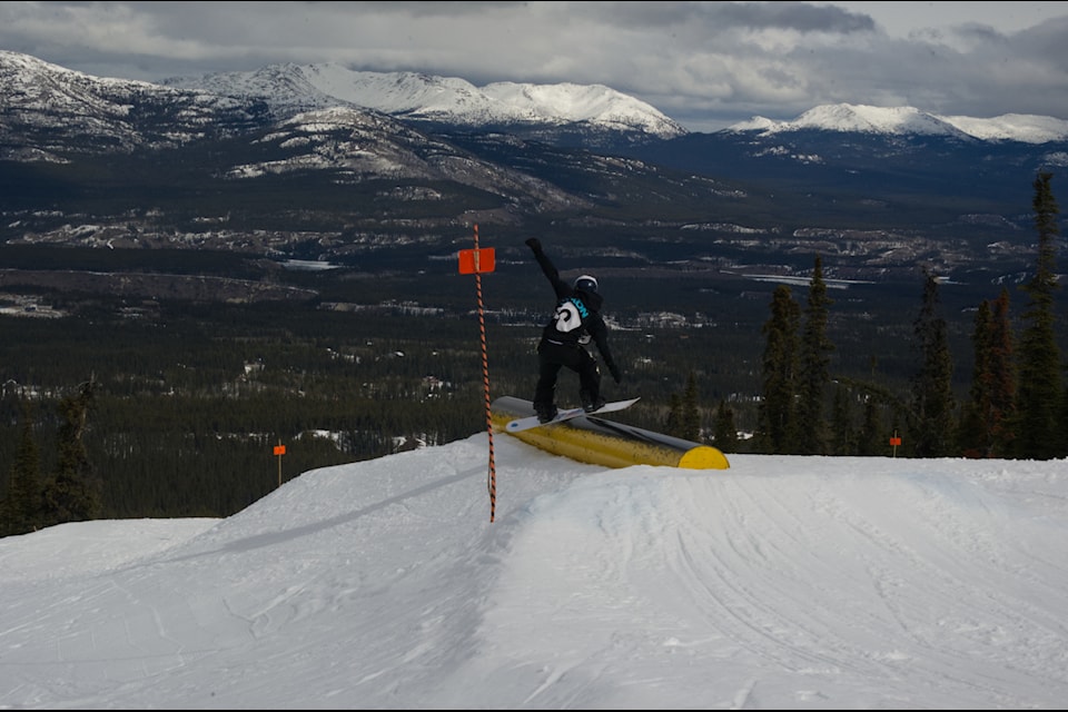 Competitors tackle Mt Sima's Pokey Park slopestyle course during the Yukon Championships on April 5. (Jake Howarth/Yukon News)