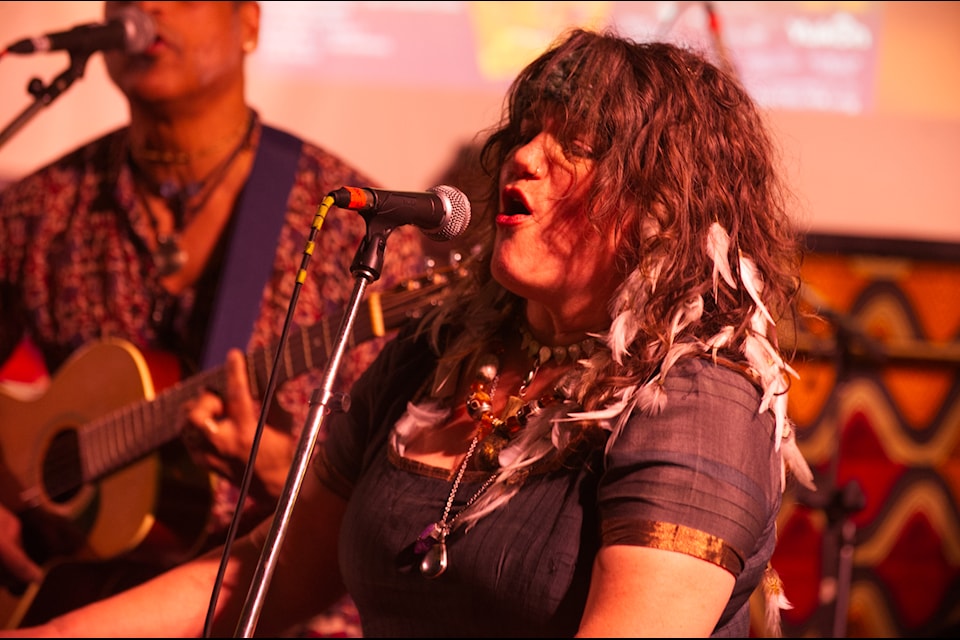 Devaki Thomas, vocalist of the British band Stunflower, performs at the Yukon African Music Festival at the Sternwheel Hotel on Feb. 15. (Jake Howarth/Yukon News)