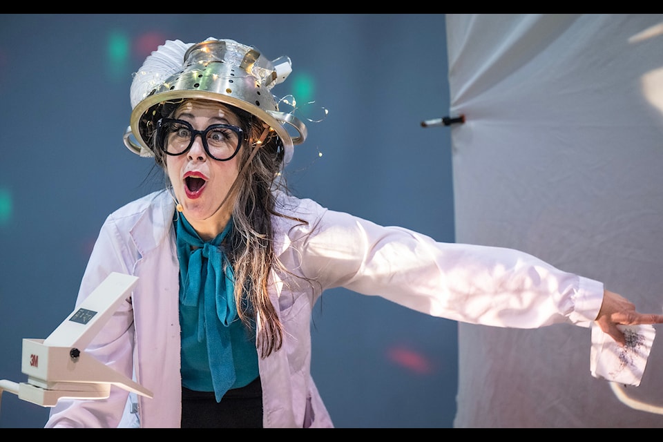 Candice Roberts of Candy Bones Theatre performs her Oopsie show at Eliza Van Bibber School in Pelly Crossing on Feb. 7, 2025, as part of her tour into the communities with the Yukon Arts Centre. (Mike Thomas/Yukon Arts Centre)