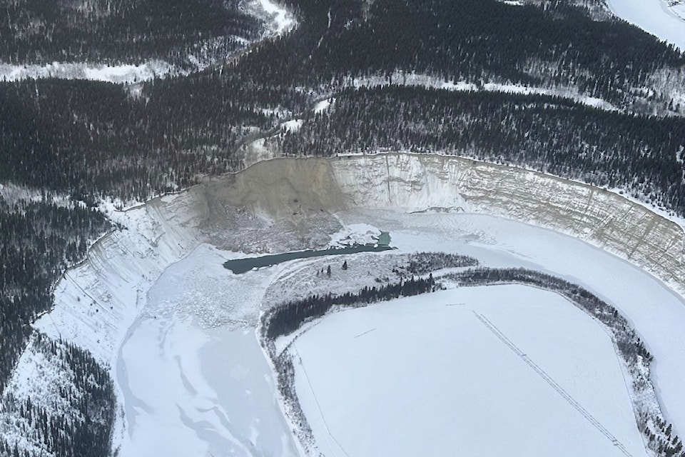 The Takhini River landslide occurred about 13 kilometres from the confluence with the Yukon River, according to a Yukon geologist. This cropped photo shows the aftermath viewed from a plane on Dec. 23, 2024.